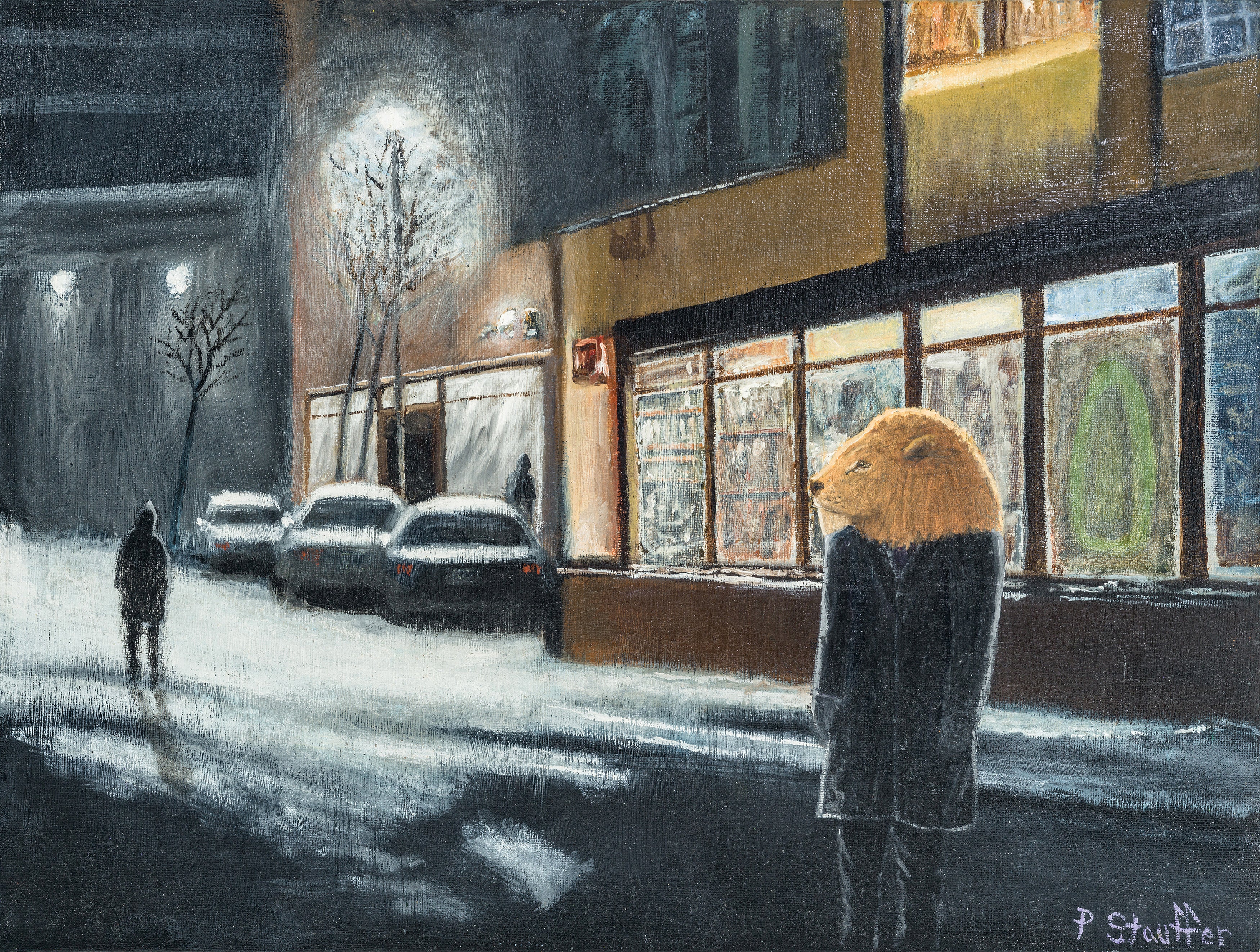 Painting of a Lion Man standing on a snowy street in front of Surplus store and a night club.