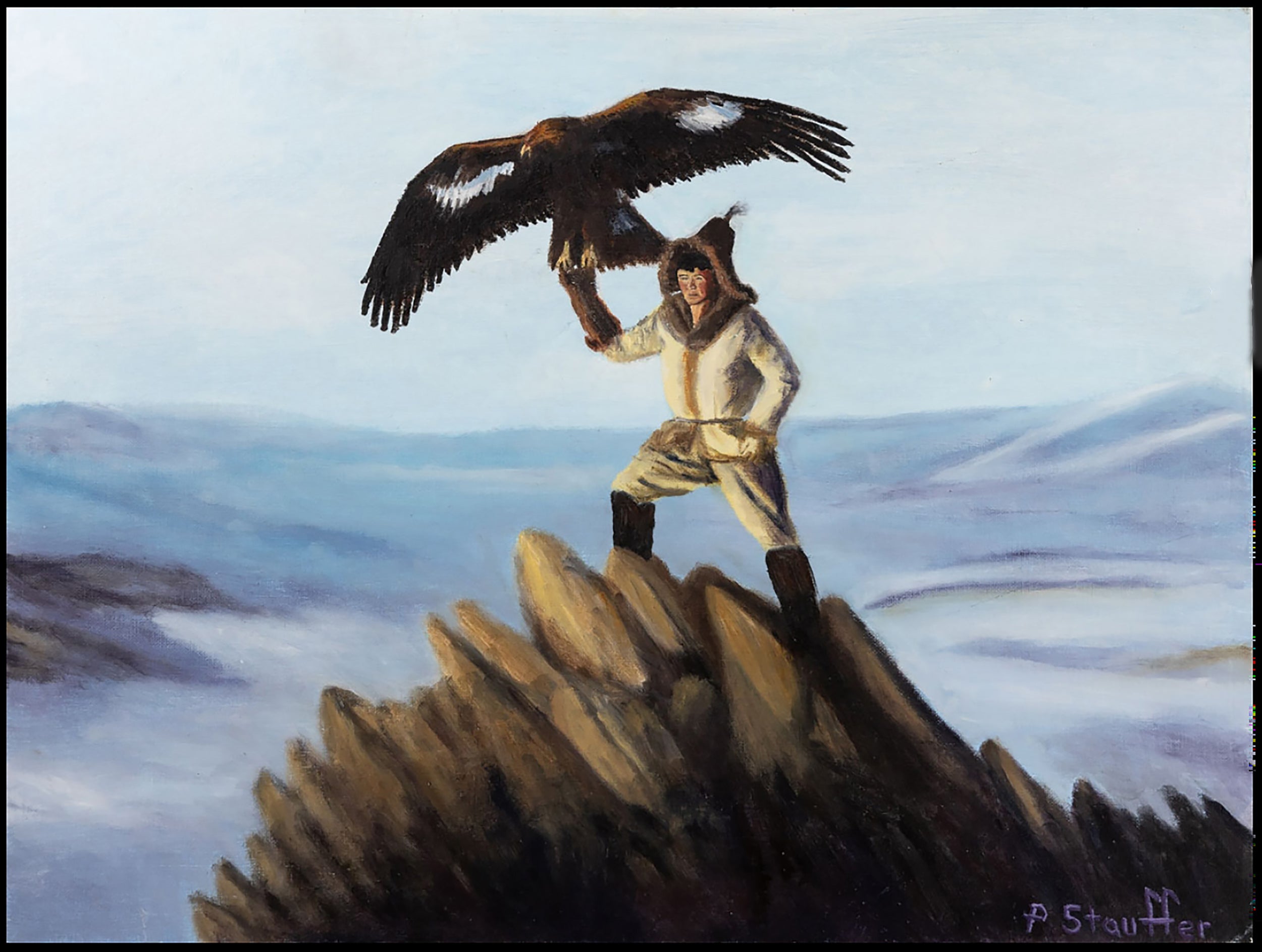 Mongolian woman holding a Steppe golden eagle aloft